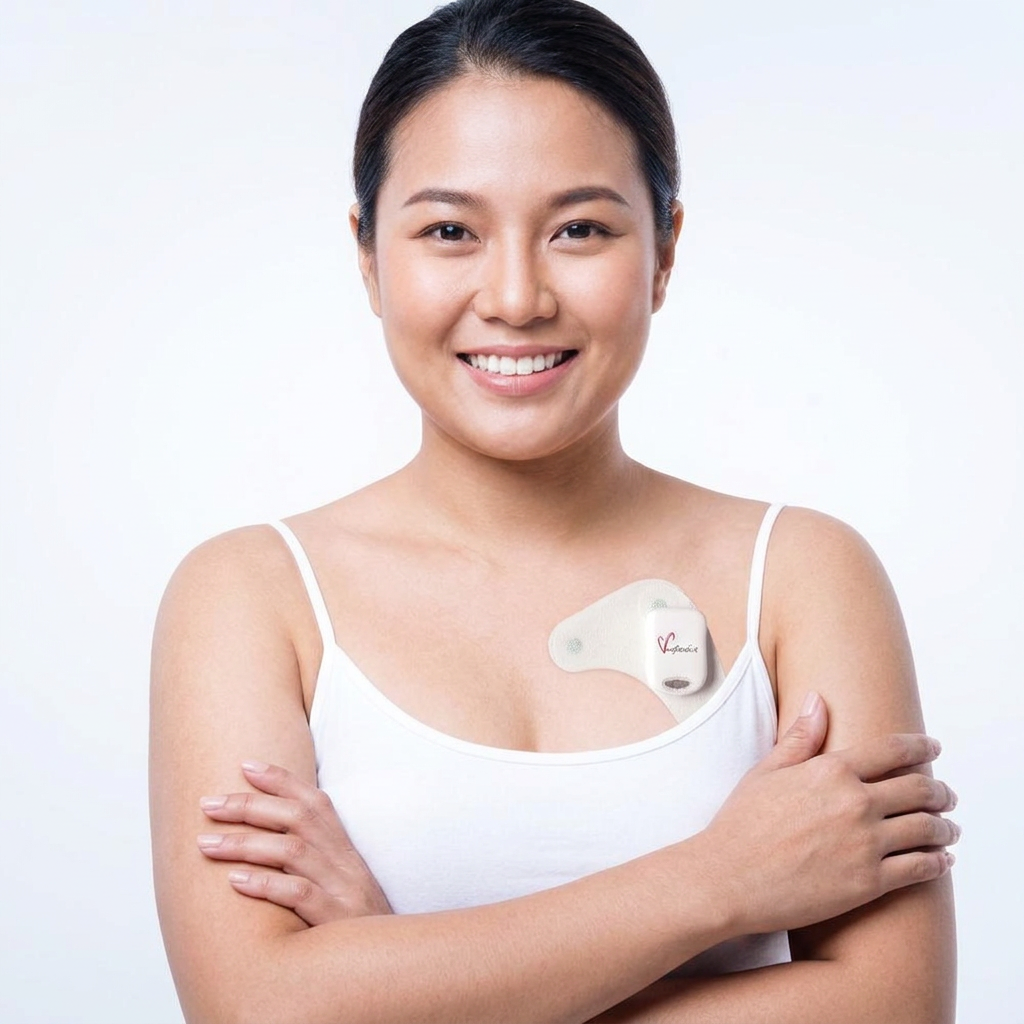 Patient wearing the MyPatch-sl cardiac monitoring patch